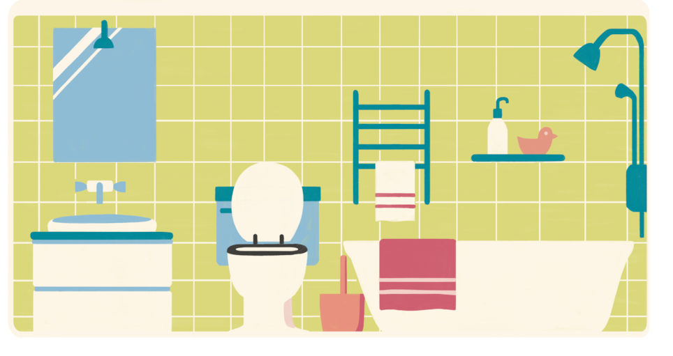 Baderom med dusj, badekar, servant og toalett. Illustrasjon